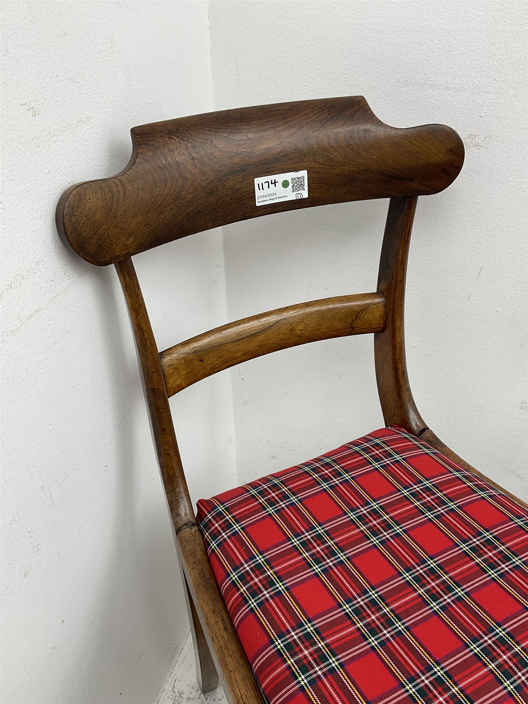 Pair of 19th century rosewood chairs with tartan upholstered drop-in seats (W46cm H88cm); 19th centu - Image 6 of 8