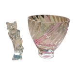 Durand glass figure of a cat and a Caithness vase with pink twist