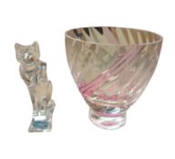 Durand glass figure of a cat and a Caithness vase with pink twist
