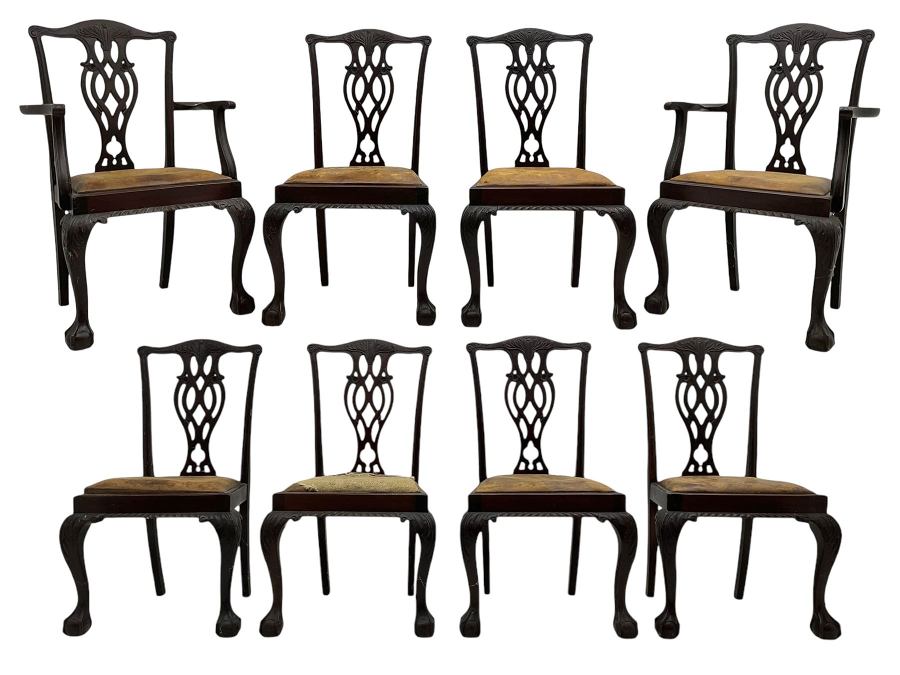 Set of eight (6+2) early 20th century Chippendale design mahogany dining chairs