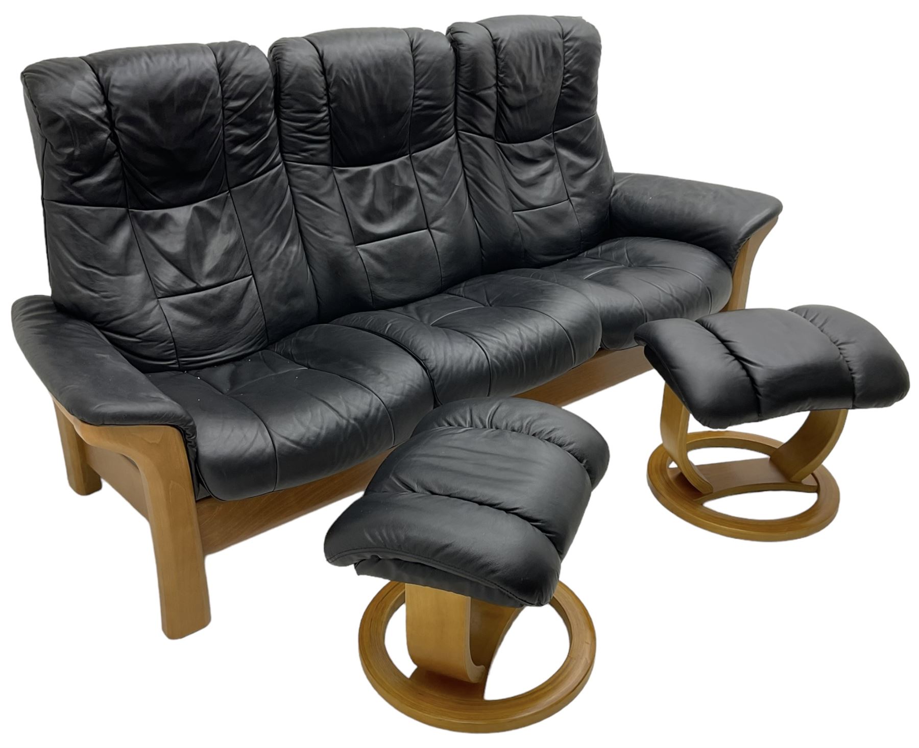 Stressless - 'Buckingham' three-seat settee upholstered in black leather; together with two associat - Image 6 of 6