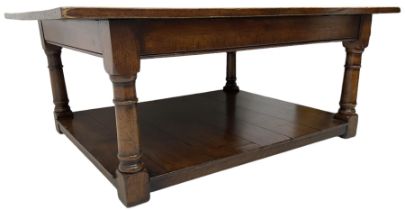 Rectangular oak coffee table moulded frieze rail on turned supports