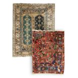 Small Persian red and blue ground rug (115cm x 88cm); and a Persian beige ground rug with two elonga