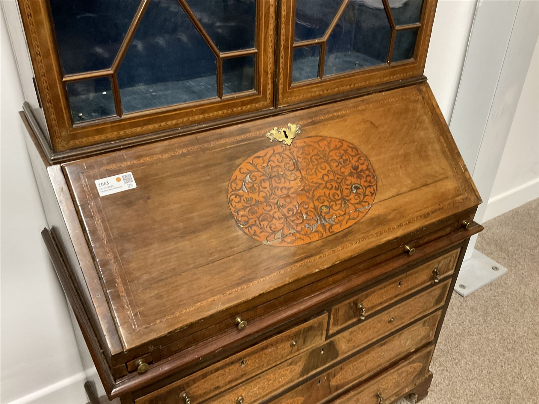 19th century walnut and satinwood inlaid bookcase on bureau - Image 4 of 7