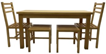 Light beech rectangular dining table; together with two chairs and two stools