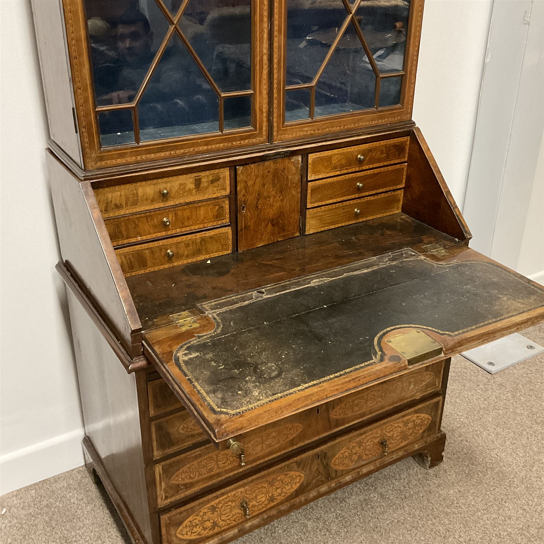 19th century walnut and satinwood inlaid bookcase on bureau - Image 3 of 7