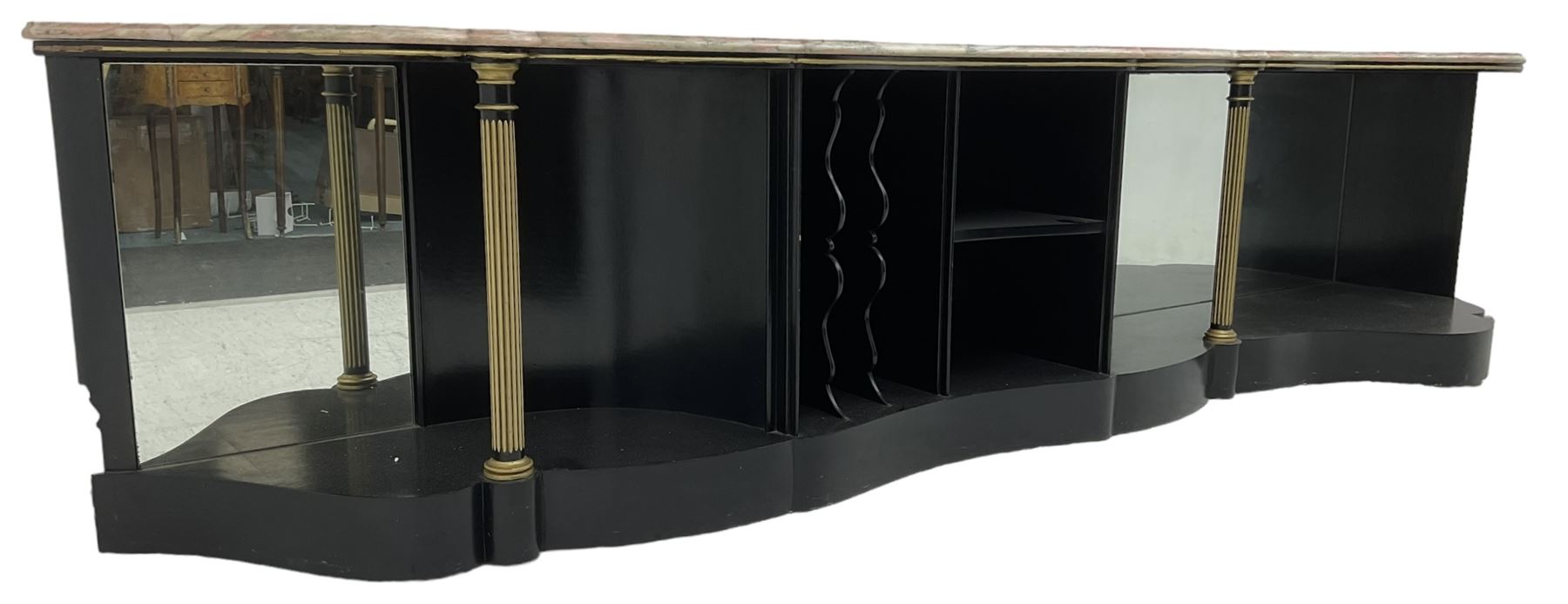 Italian ebonised and gilt serpentine corner console bookcase cabinet - Image 6 of 8