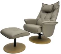 Contemporary swivel and reclining armchair upholstered in greyish brown leather with matching footst