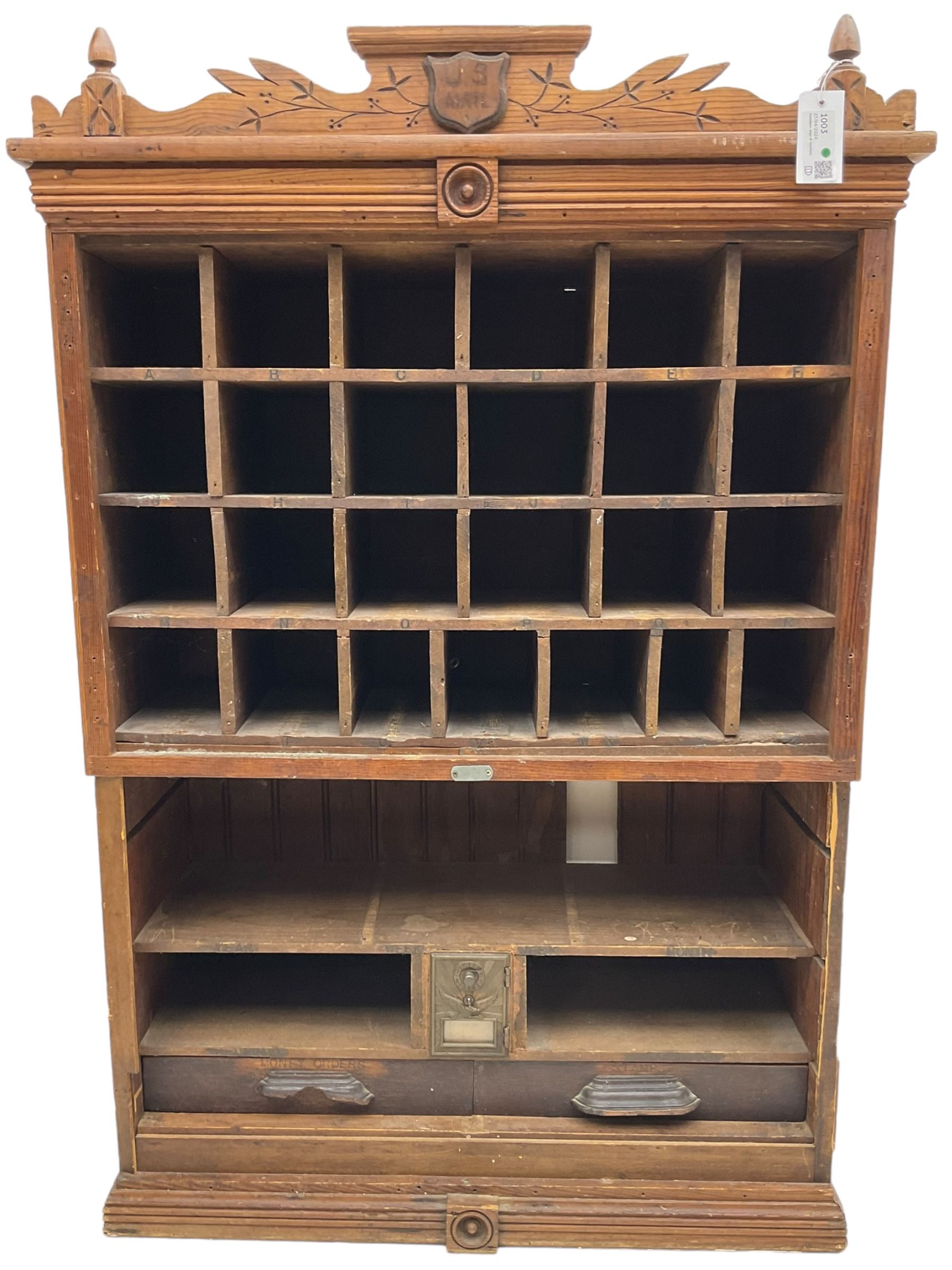 19th century stained pitch pine 'US Mail' pigeonhole unit