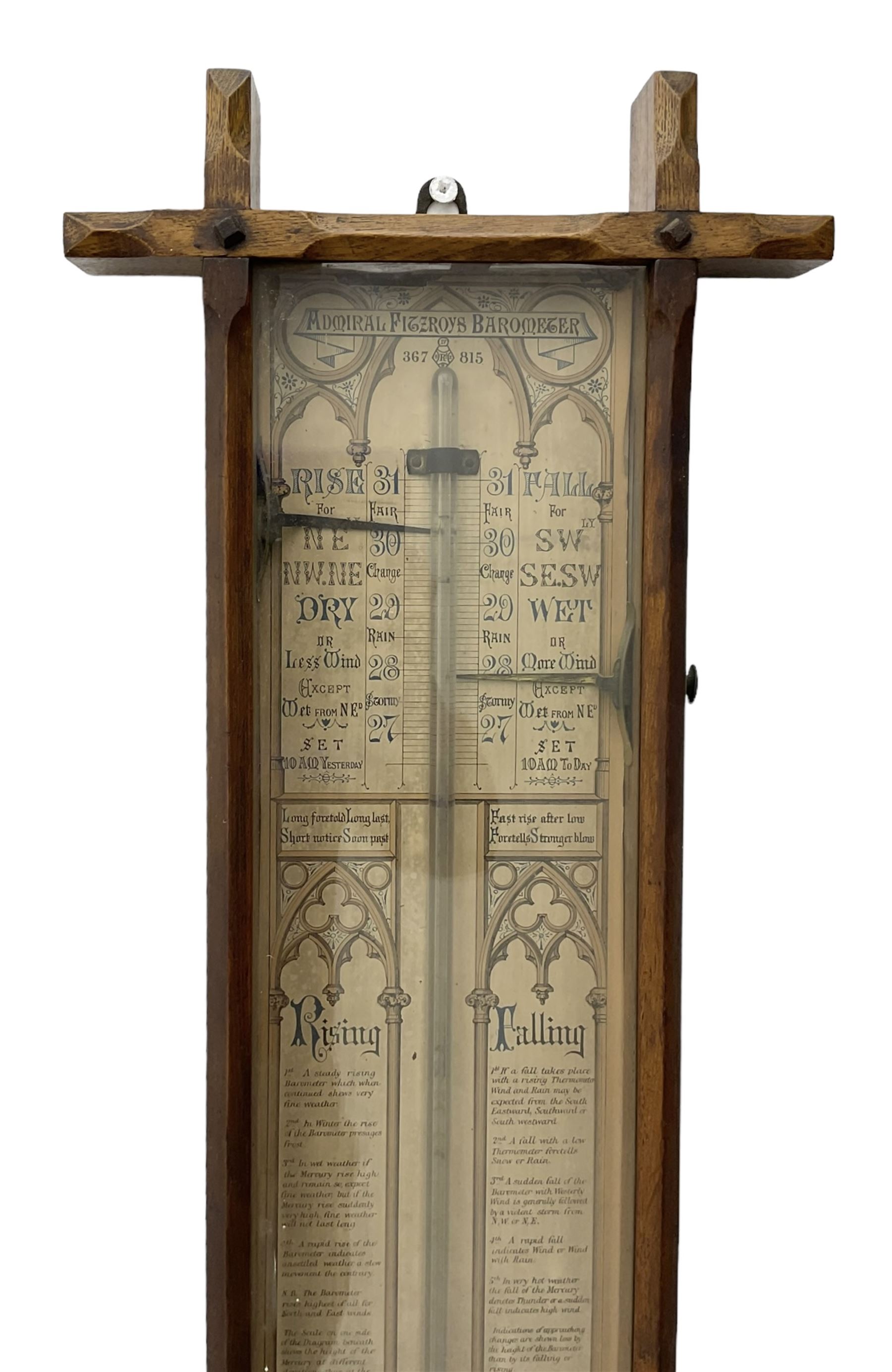 Oak cased Admiral Fitzroy barometer c1890 - with original full height paper scales annotated with Fi - Image 2 of 6