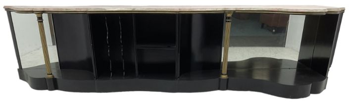 Italian ebonised and gilt serpentine corner console bookcase cabinet