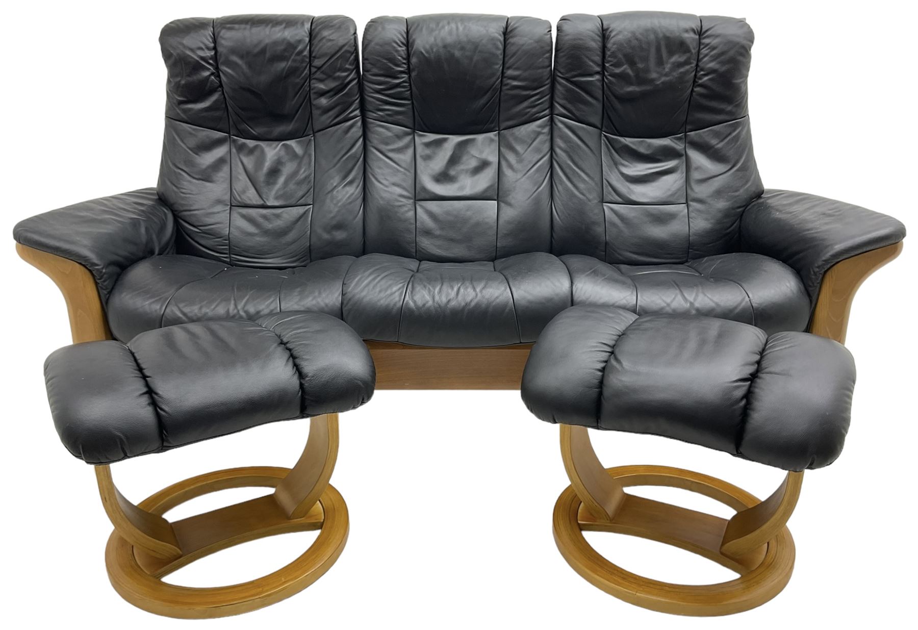Stressless - 'Buckingham' three-seat settee upholstered in black leather; together with two associat - Image 2 of 6