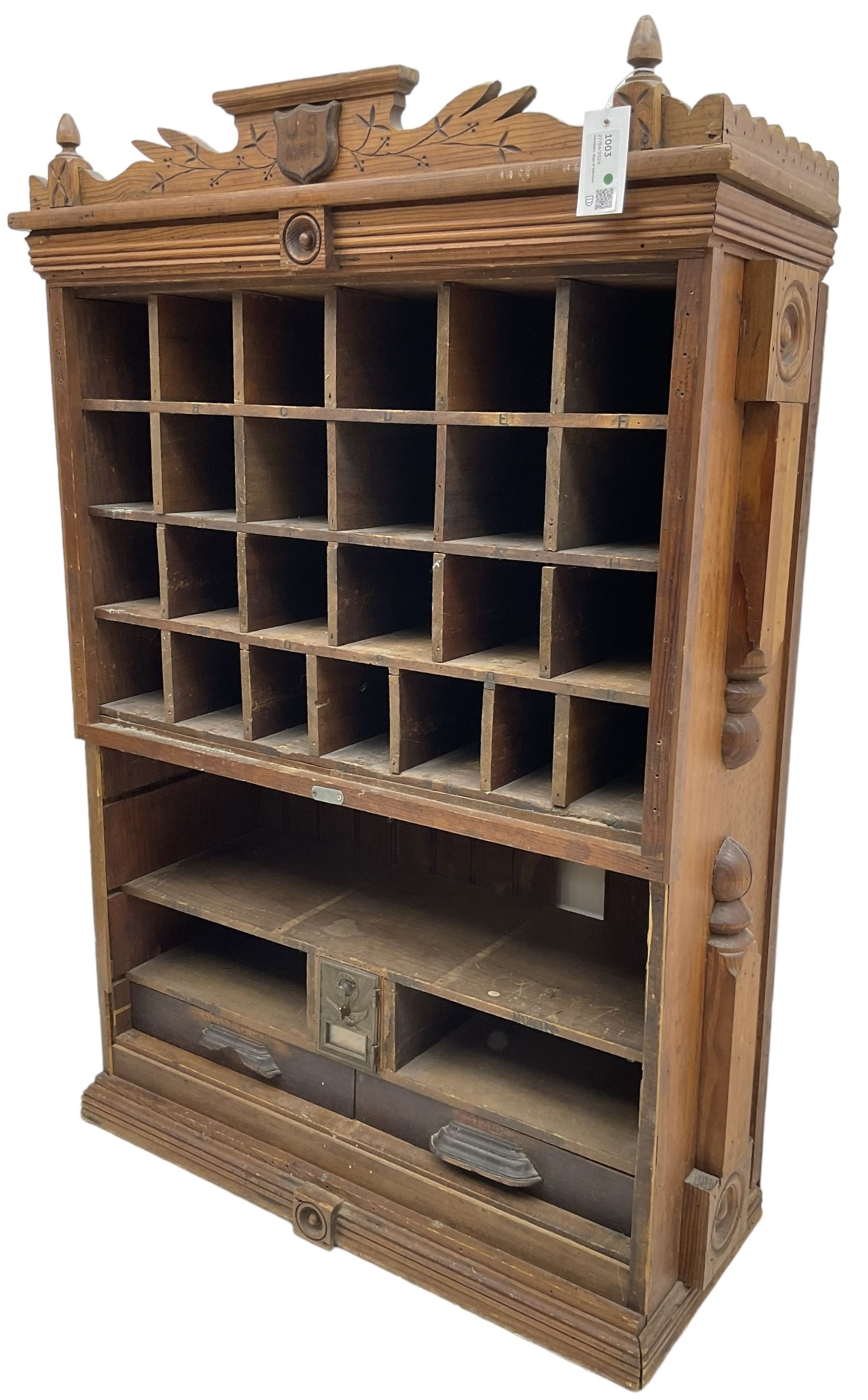 19th century stained pitch pine 'US Mail' pigeonhole unit - Image 3 of 4