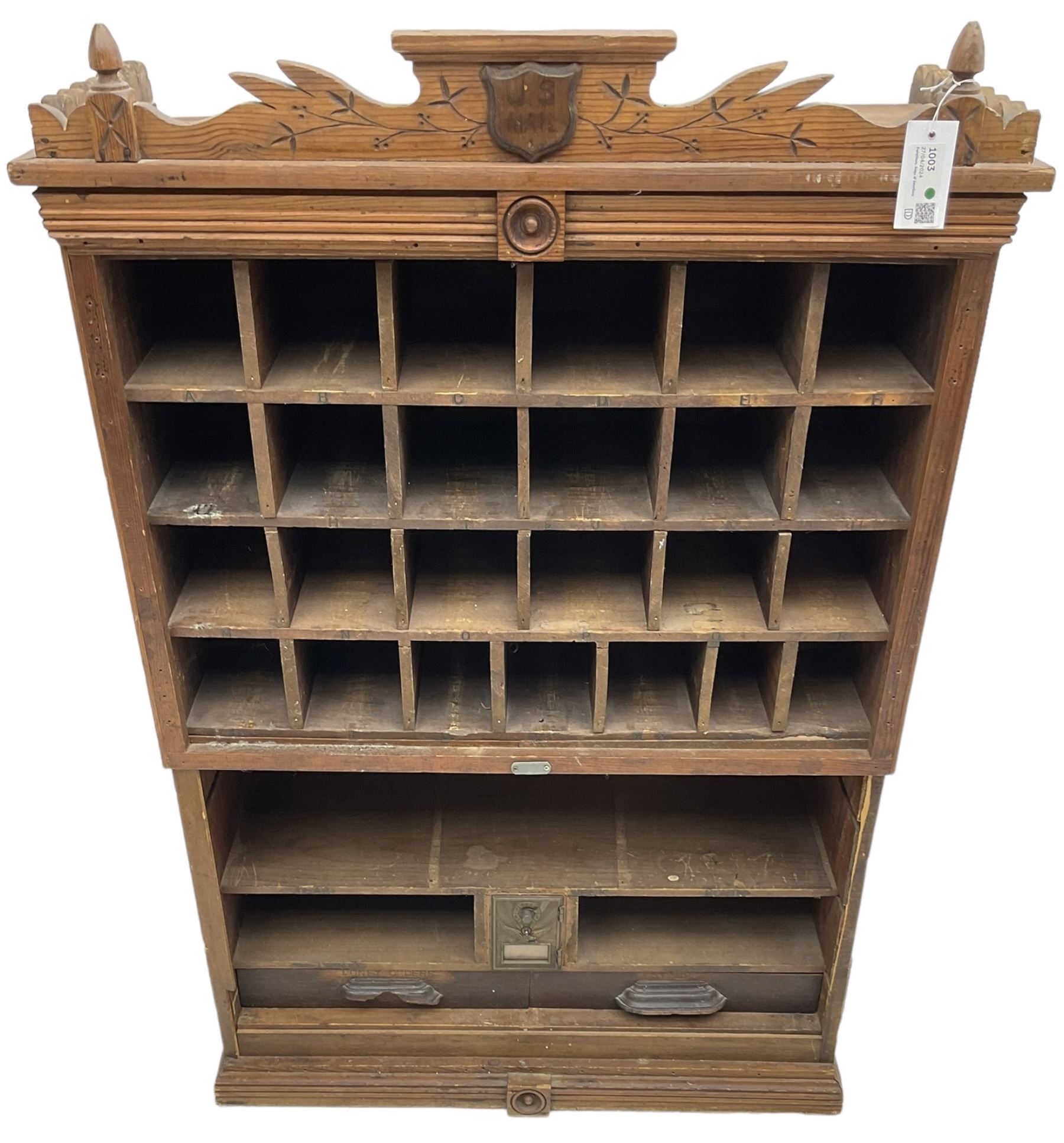 19th century stained pitch pine 'US Mail' pigeonhole unit - Image 2 of 4