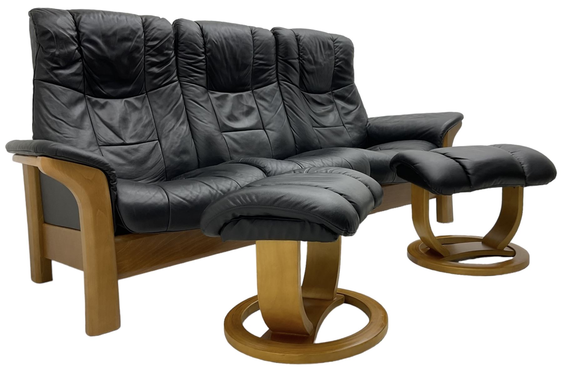 Stressless - 'Buckingham' three-seat settee upholstered in black leather; together with two associat - Image 3 of 6