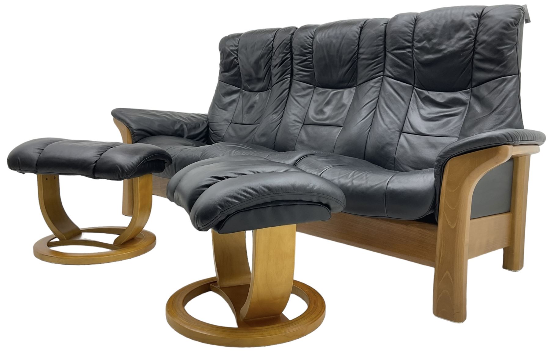 Stressless - 'Buckingham' three-seat settee upholstered in black leather; together with two associat - Image 5 of 6