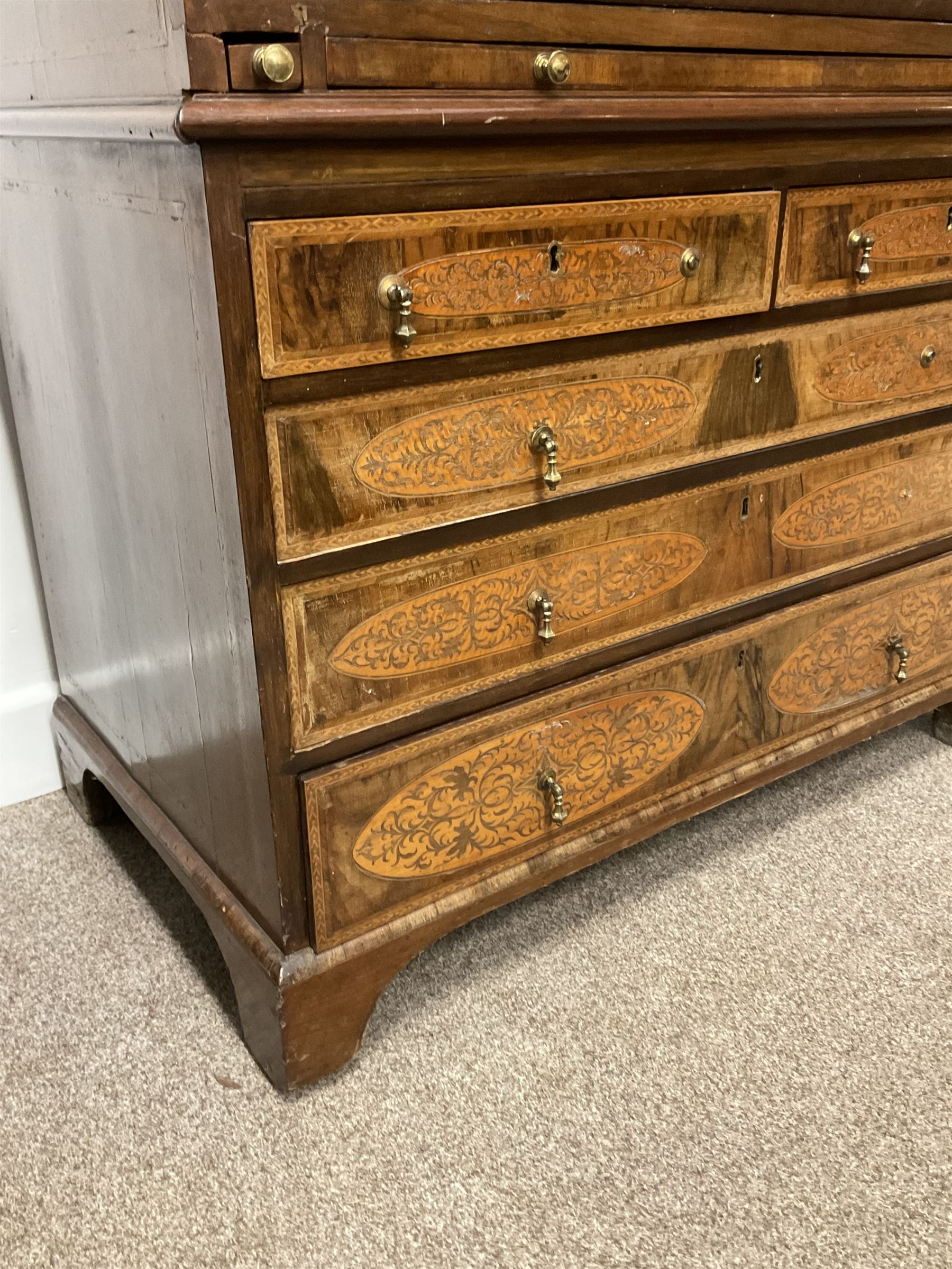 19th century walnut and satinwood inlaid bookcase on bureau - Image 5 of 7