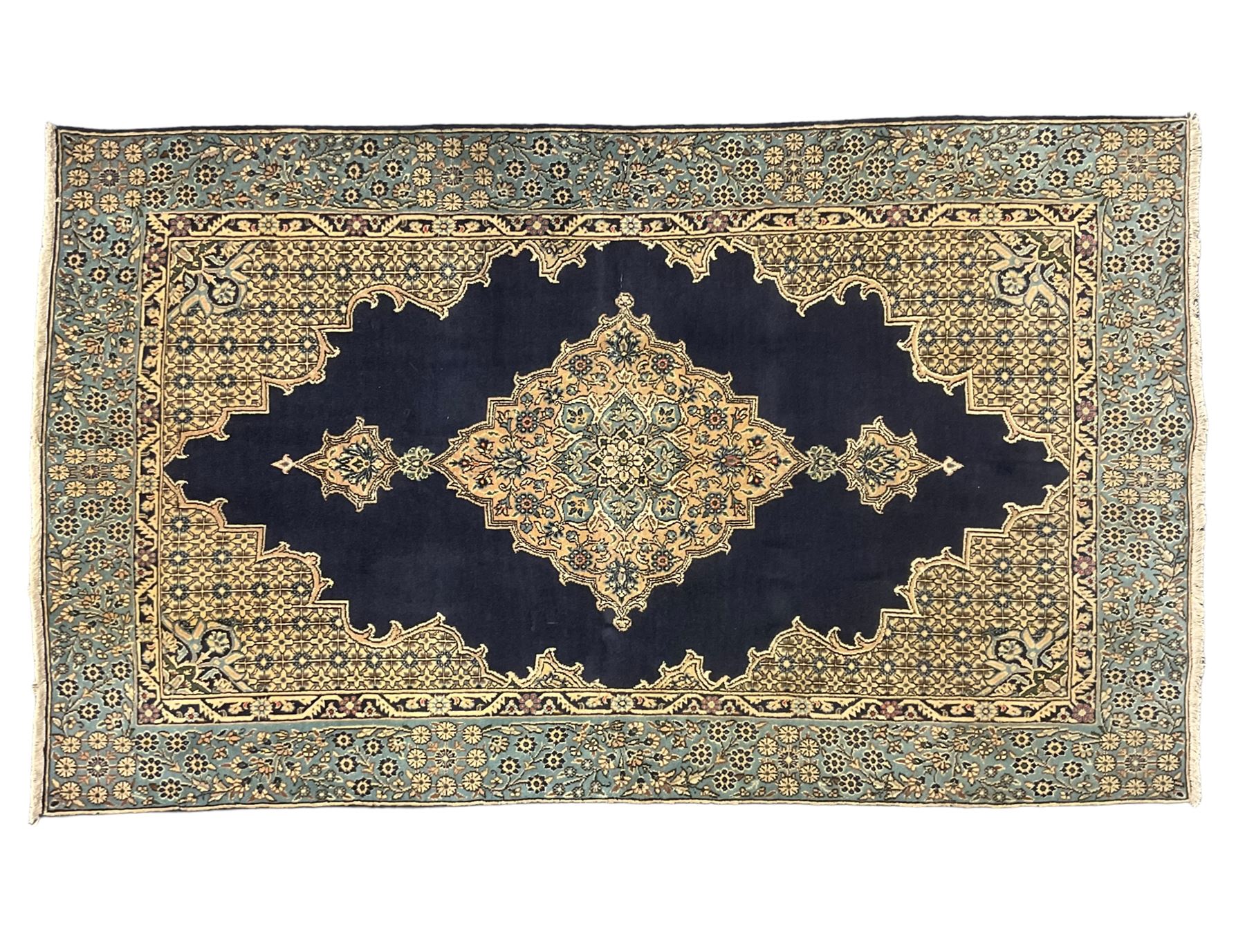 Central Persian Qum indigo ground rug with silk inlay
