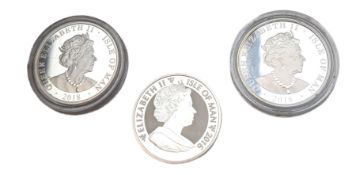 Three Queen Elizabeth II Isle of Man one ounce fine silver coins