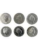 Six Queen Elizabeth II one ounce fine silver two pound coins