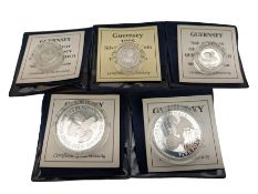 Five Queen Elizabeth II Bailiwick of Guernsey silver proof coins