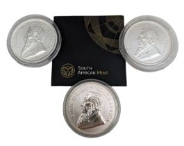 Three South Africa one ounce fine silver Krugerrand coins