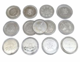 Thirteen one ounce fine silver World coins