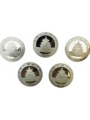Five China 30g fine silver Panda coins