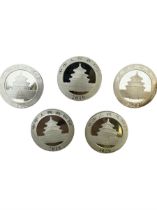 Five China 30g fine silver Panda coins