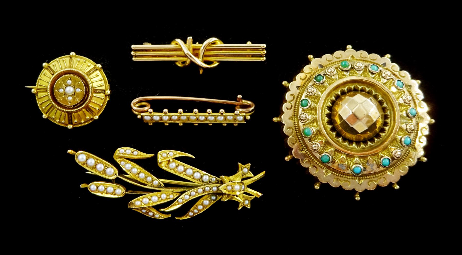 Five gold Victorian brooches including turquoise circular
