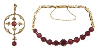 Edwardian 9ct gold garnet and seed pearl pendant and a gilt graduating garnet bracelet