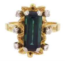 Gold octagonal cut green tourmaline and single cut diamond ring