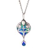 Murrle Bennett silver Art Nouveau blue / green enamel and blister pearl pendant