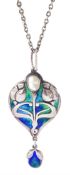 Murrle Bennett silver Art Nouveau blue / green enamel and blister pearl pendant