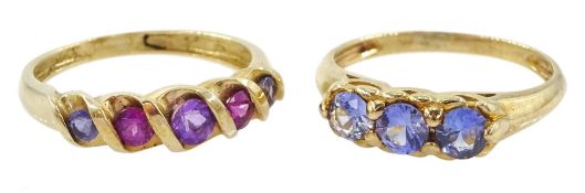 Gold three stone sapphire ring and a gold five stone amethyst