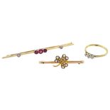 Early 20th century 18ct gold three stone garnet and two stone old cut diamond brooch