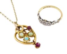 Early 20th century 14ct gold opal and ruby shamrock pendant