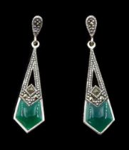 Pair of silver green onyx and marcasite pendant stud earrings