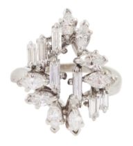 18ct white gold baguette cut and marquise cut diamond cluster ring