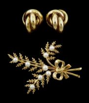 Gold pearl flower brooch and a pair of gold knot stud earrings