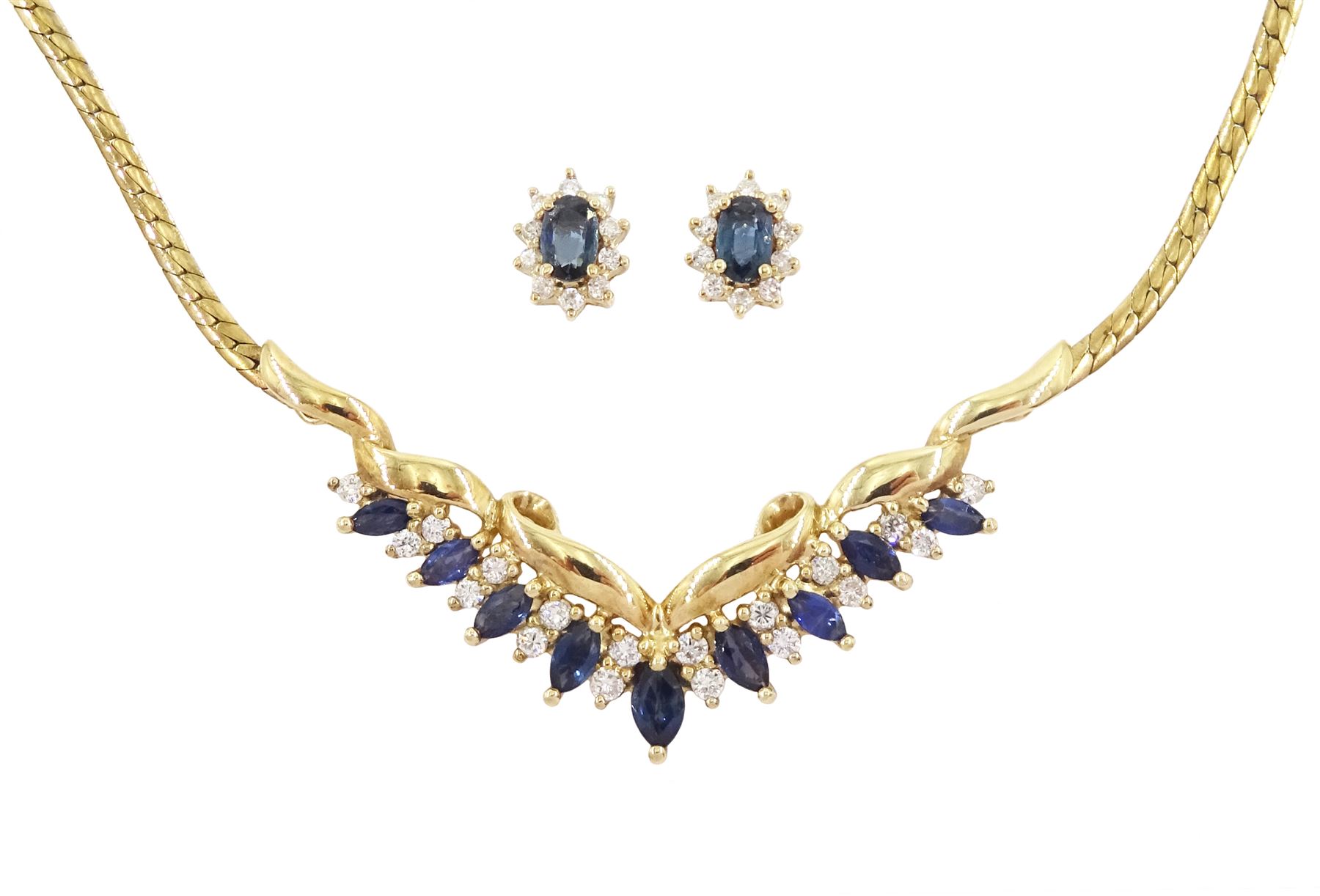 Gold marquise cut sapphire and round brilliant cut diamond necklace and a pair of gold oval cut sapp