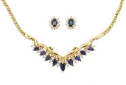 Gold marquise cut sapphire and round brilliant cut diamond necklace and a pair of gold oval cut sapp