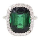 Early 20th century platinum green tourmaline and diamond cluster ring