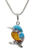 Silver Baltic amber and turquoise kingfisher pendant necklace