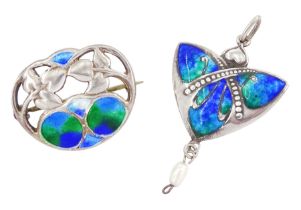 Art Noveau silver blue / green enamel and pearl pendant by James Fenton and a similar silver and ena
