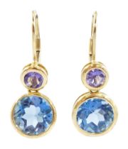 Pair of 9ct gold tanzanite and blue topaz pendant earrings