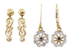 Pair of sapphire and diamond flower head pendant earrings and a pair of diamond pendant stud earring