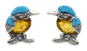 Pair of silver Baltic amber and turquoise kingfisher stud earrings
