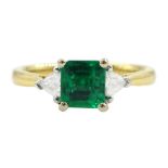 18ct gold three stone square cut emerald and trillion cut diamond ring