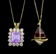 9ct gold amethyst and diamond boat pendant necklace and a 14ct gold purple and white cubic zirconia